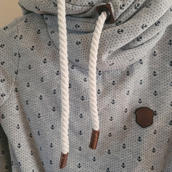 Naketano Grey Anchor and Navy Micro Dots Hoodie with Rope Cord, Size Small - Picture 3 of 11